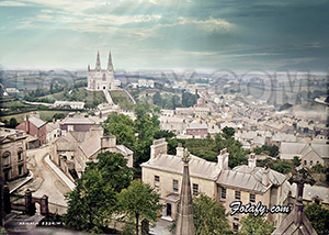 This is beautiful early 1900s photo of Armagh was taken from the COI Cathedral over-looking the city's narrow streets with the RC Cathedral in the distance