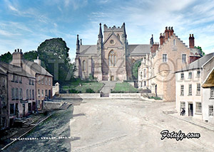 This is a beautifully restored early 1900's image of St Patrick's COI Cathedral, Armagh. The photo was taken from Market Street.