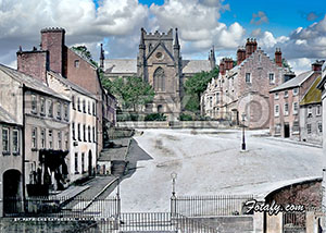 This is a beautifully restored early 1900's image of St Patrick's COI Cathedral, Armagh. The photo was taken from a shop or dwelling in Market Street and shows steps leading to the upper part of Market Street.