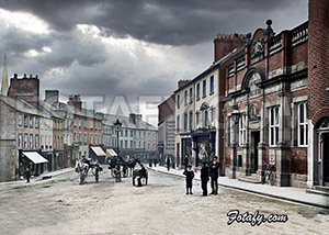 This is a wonderfully restored early 1900's image of English Street, Armagh. The image was shot from near the old Armagh Post Office building and a distant spire of the RC Cathedral rises above the roof tops.