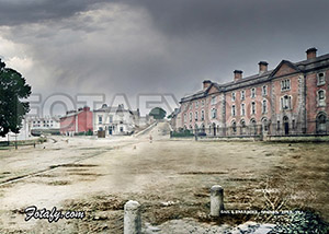 This is a remarkably restored early 1900's image of Armagh Jail looking towards the junction of Barrack Hill and Victoria Street.