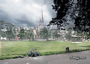 This is a magnificently restored early 1900's image of The Mall with the First Presbyterian Church in the background .